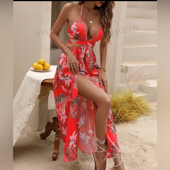 Watermelon Pink Sexy Tropical Backless Halter Maxi Dress Thigh Slit Small - Picture 5 of 7
